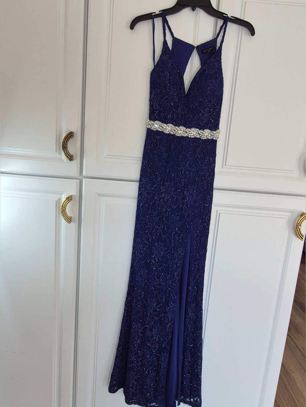 Jodi Kristopher Navy Blue Sequined  Maxi Dress with Silver Accents Open BackSize